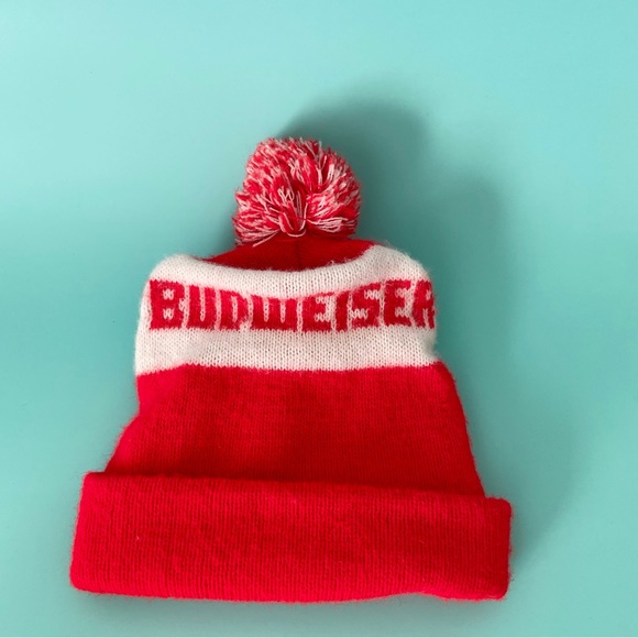 Vintage Other - Vintage 70s Budweiser pompom knit beanie red white rare